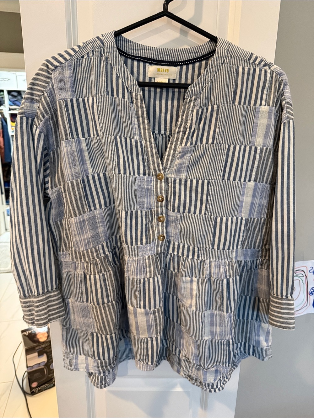 Maeve Navy and White Patchwork Button Peplum Tunic